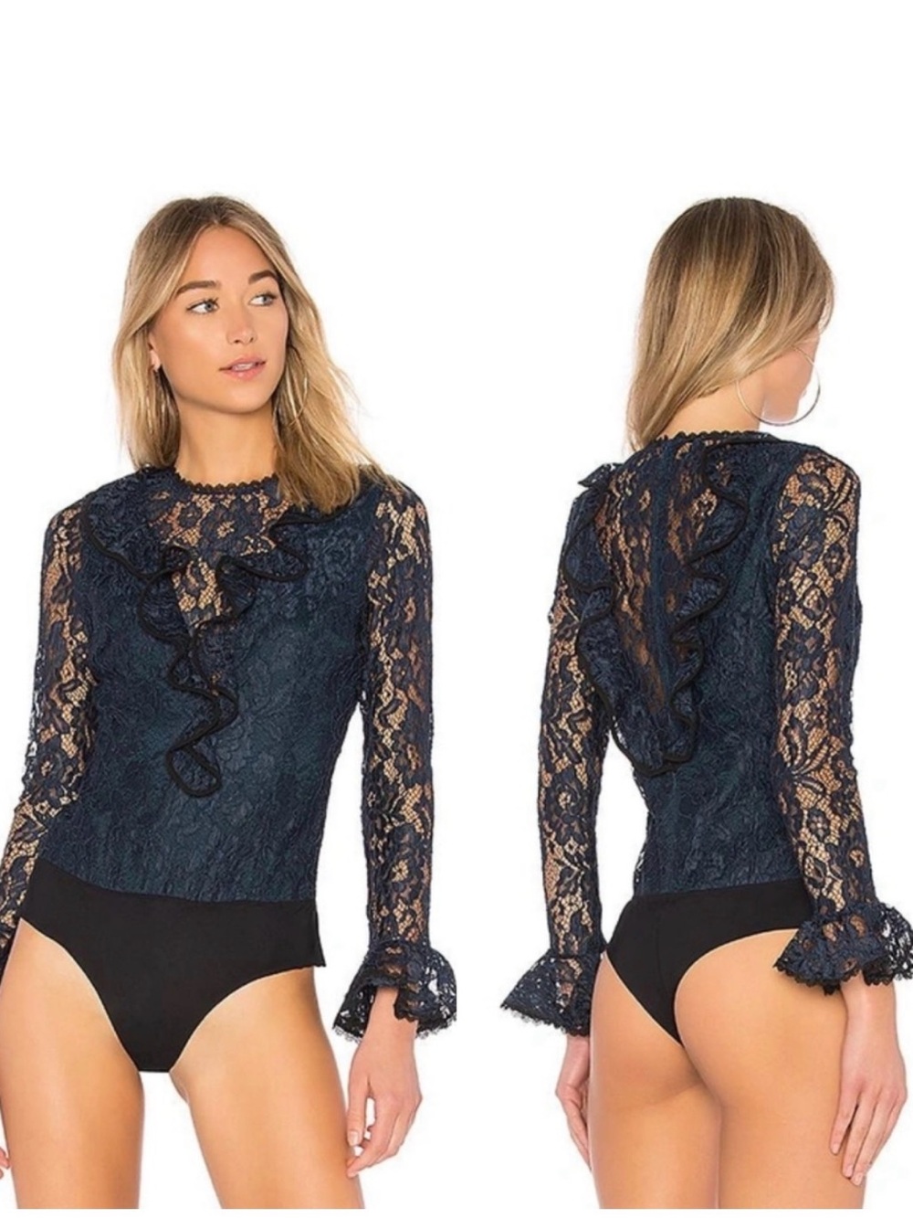 Alexis Navy Lace Ruffle Long-Sleeve Bodysuit